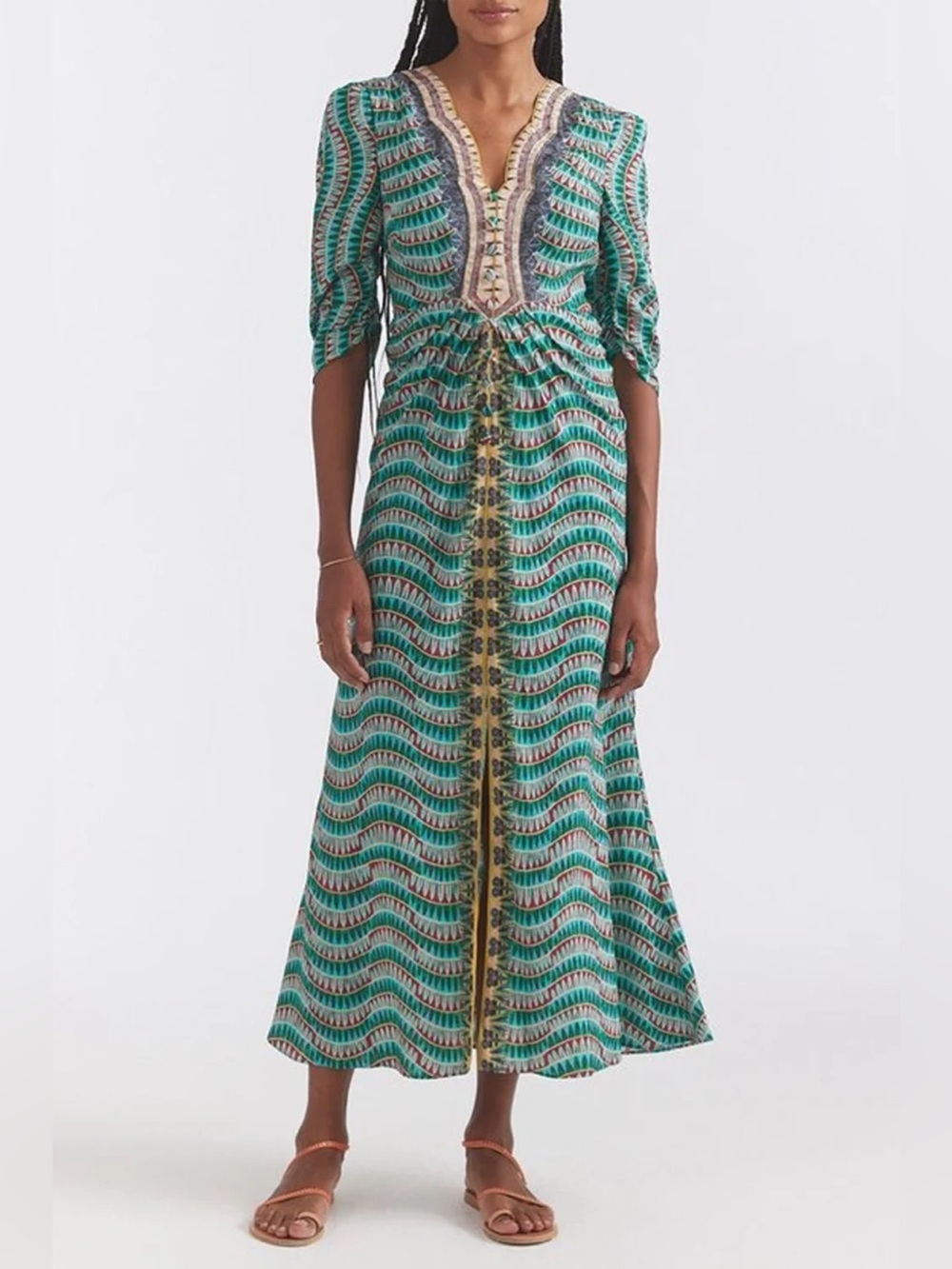 SALONI Mitsu Gathered Printed Silk Midi | Size 10